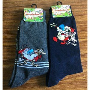 New Nickelodeon REN AND STIMPY Mens 2 Pair Of Novelty Crew Socks Size 6-12